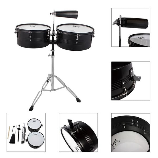 Percussion 13" & 14" Timbales Drum Set with Stand and Cowbell Black Default Title