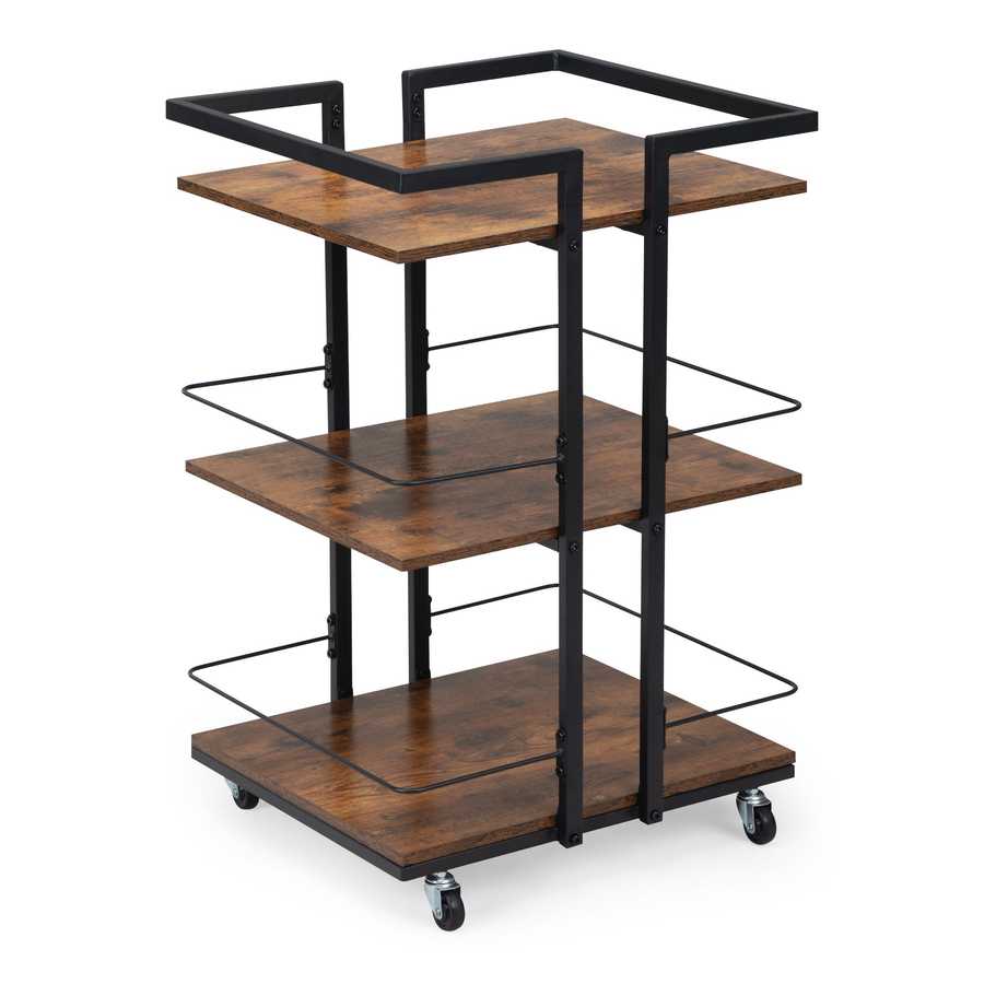 Stylish wooden salon cart with black metal frame and wheels