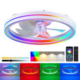 Ceiling fan with RGB lighting and remote control on a white background