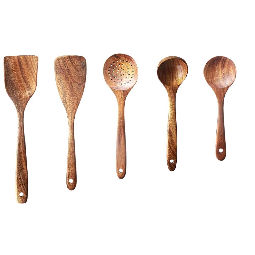MLNshops teak wood kitchen utensils set - Durable Spoons 5pcs
