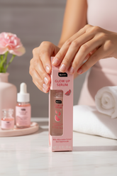 Glow Up Serum packaging with pink background