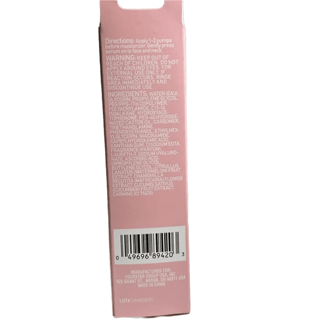 Back of a pink cosmetic packaging with text and barcode on a white background