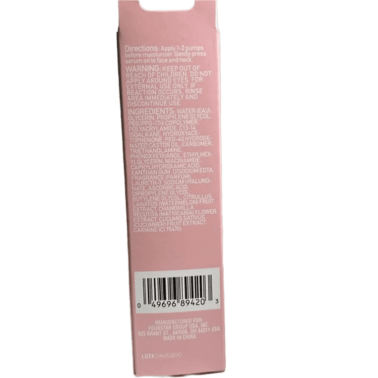 Back of a pink cosmetic packaging with text and barcode on a white background