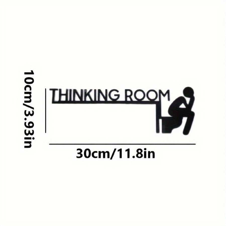Dimensions of funny bathroom wall art metal sign 'Thinking Room' shown as 30cm wide and 10cm tall, ideal for home decor.