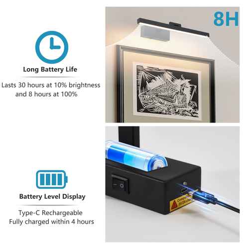 Light fixture with battery life and charging information displayed.