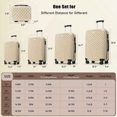 A size and measurement chart for a set of beige patterned carry-on suitcases, showing four different suitcase sizes with dimensions in inches and a size table at the bottom listing length, width, height, weight, and travel days for each size.