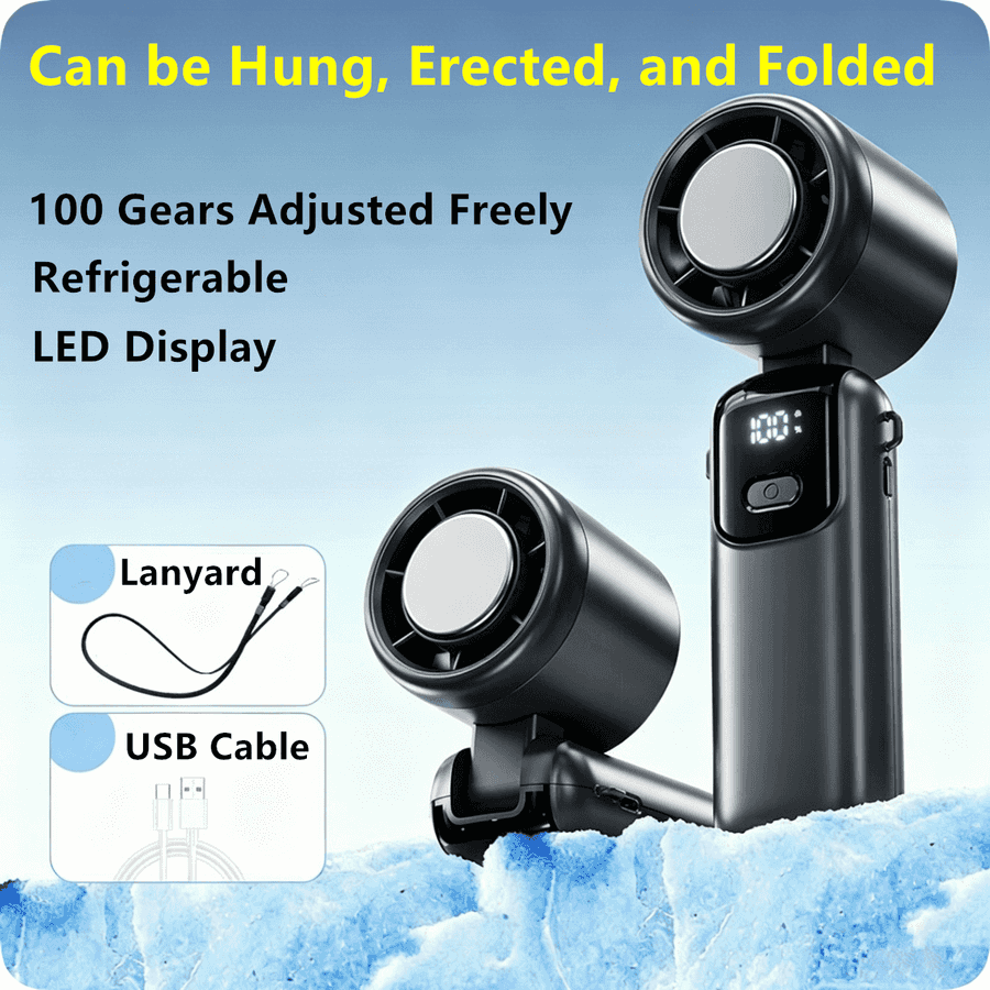 Black handheld device with LED display, lanyard, and USB cable on a blue background