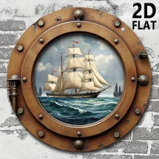 Nautical sailboat wall art in a round porthole frame, featuring a vintage ship sailing on ocean waves, ideal for coastal home decor.