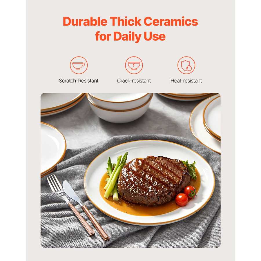 Durable ceramic plate from 12 PCS Dinnerware Set for 4 shown with steak meal, emphasizing scratch, crack, and heat resistance.