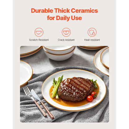 Durable ceramic plate from 12 PCS Dinnerware Set for 4 shown with steak meal, emphasizing scratch, crack, and heat resistance.