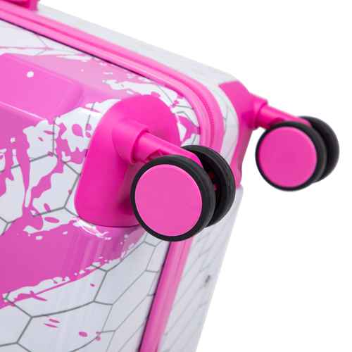 Pink printed spinner luggage suitcase with pink handle and wheels, detailed view of lock and splash pattern, on white background