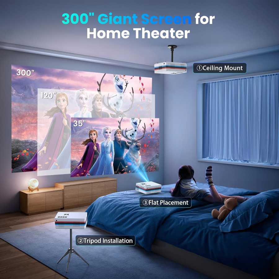 FUDONI home theater projector with 300-inch screen and ceiling mount setup