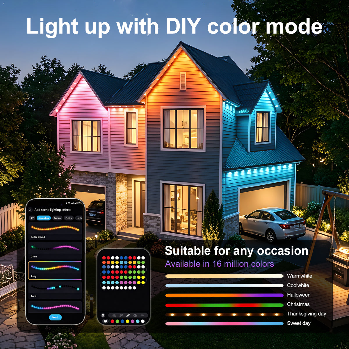 A house exterior at dusk with colorful LED-style lighting on the roof and walls in pink, orange, yellow, and blue, plus two smartphone app screens showing lighting customization and a color selection chart. Text reads &