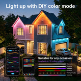 A house exterior at dusk with colorful LED-style lighting on the roof and walls in pink, orange, yellow, and blue, plus two smartphone app screens showing lighting customization and a color selection chart. Text reads &