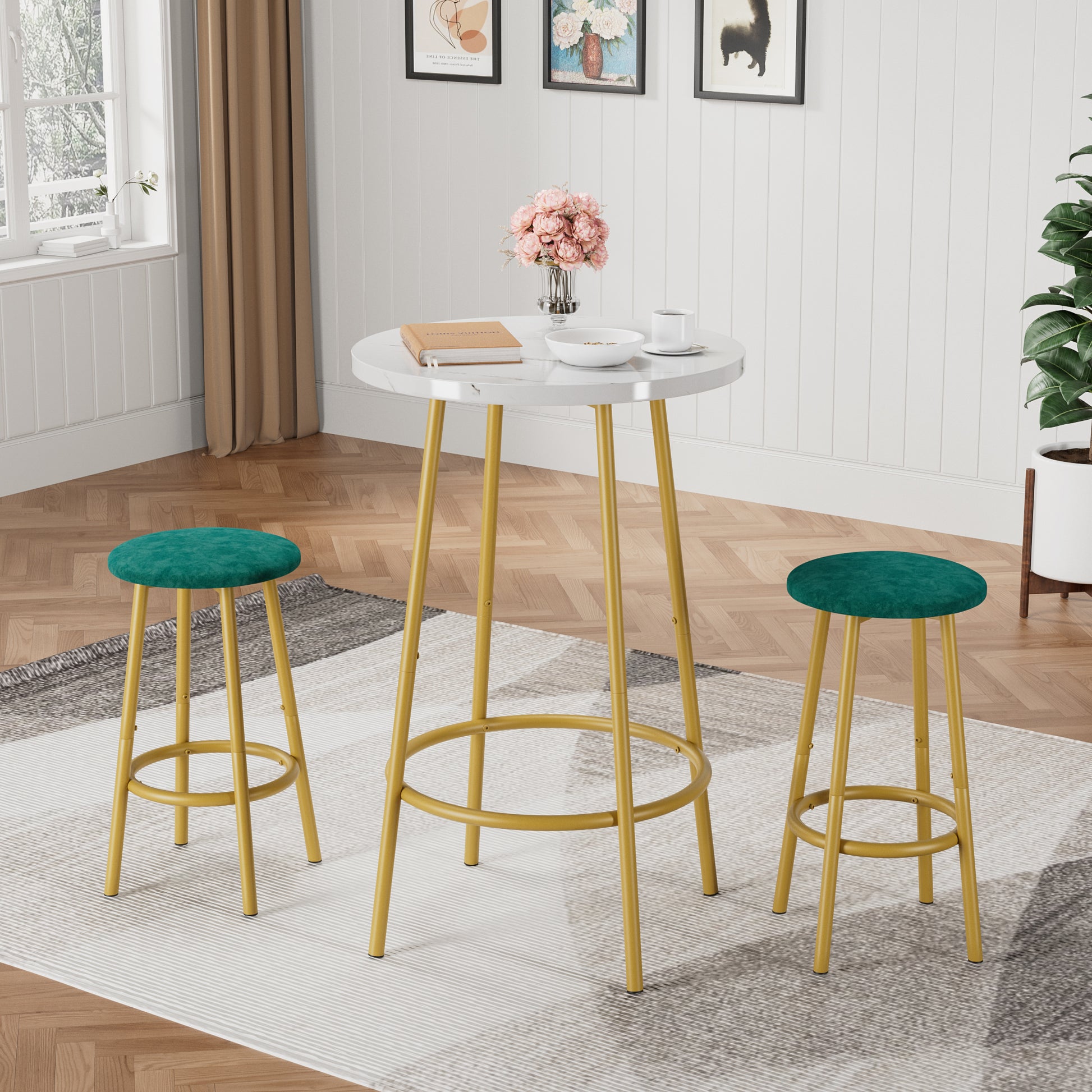 Modern 3-Piece Bar Table Set with Stools in a bright room, showcasing a marble-look tabletop and vibrant green seats.