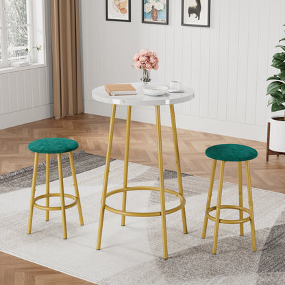 Modern 3-Piece Bar Table Set with Stools in a bright room, showcasing a marble-look tabletop and vibrant green seats.