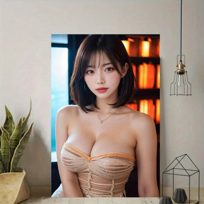 Women Wall Art Aluminum Tin Sign featuring a modern portrait of a woman in a stylish interior, ideal for home or gym decor.