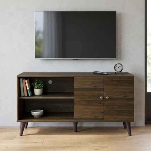 Wooden TV stand with a mounted flat-screen TV, featuring open shelves, a small clock, and decorative items, in a bright living room