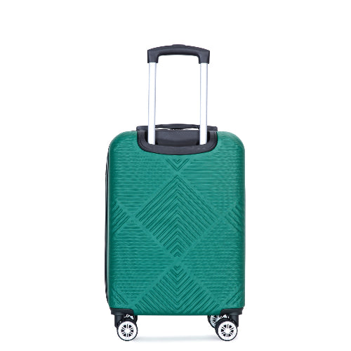 A green hard-shell carry-on suitcase with an extended silver telescopic handle, black top handle grip, and four spinner wheels, shown against a plain white background.