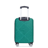 A green hard-shell carry-on suitcase with an extended silver telescopic handle, black top handle grip, and four spinner wheels, shown against a plain white background.