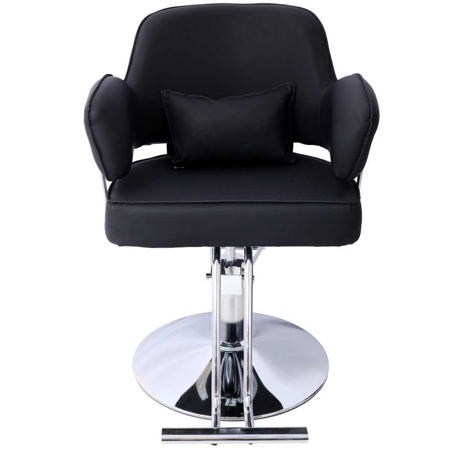Front view of Salon Styling Chair for Hair Professionals with lumbar pillow, padded armrests, and chrome hydraulic base.