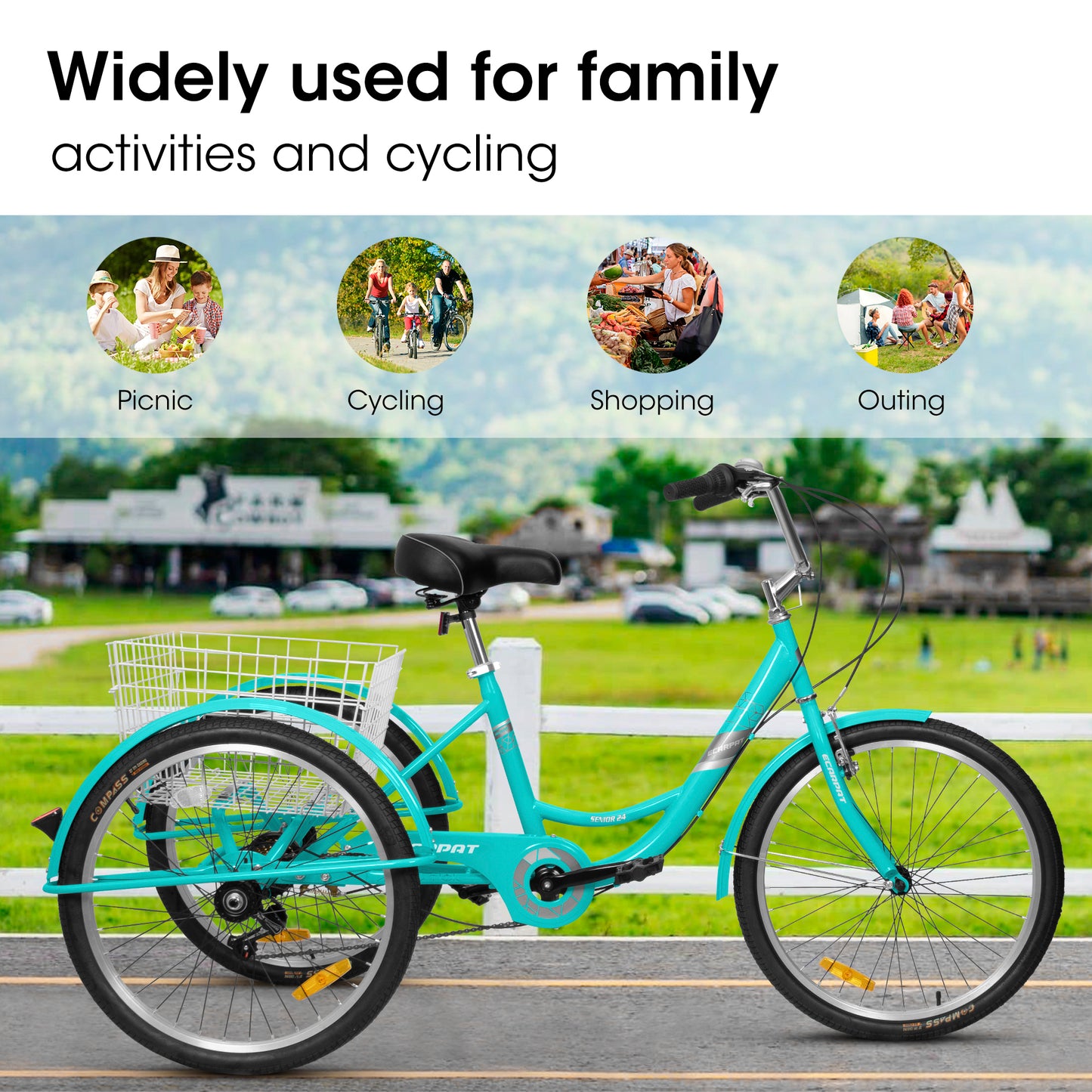 A24632 Adult Tricycles 7 Speed, Adult Trikes 24 inch 3 Wheel Bikes, Three-Wheeled Bicycles Cruise Trike with Shopping Basket for Seniors, Women, Men