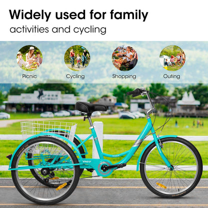 A24632 Adult Tricycles 7 Speed, Adult Trikes 24 inch 3 Wheel Bikes, Three-Wheeled Bicycles Cruise Trike with Shopping Basket for Seniors, Women, Men