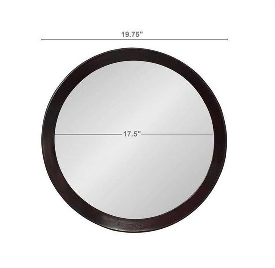 Mango wood wall mirror with 19.75-inch diameter and 17.5-inch reflective surface, perfect for transitional interior styling.