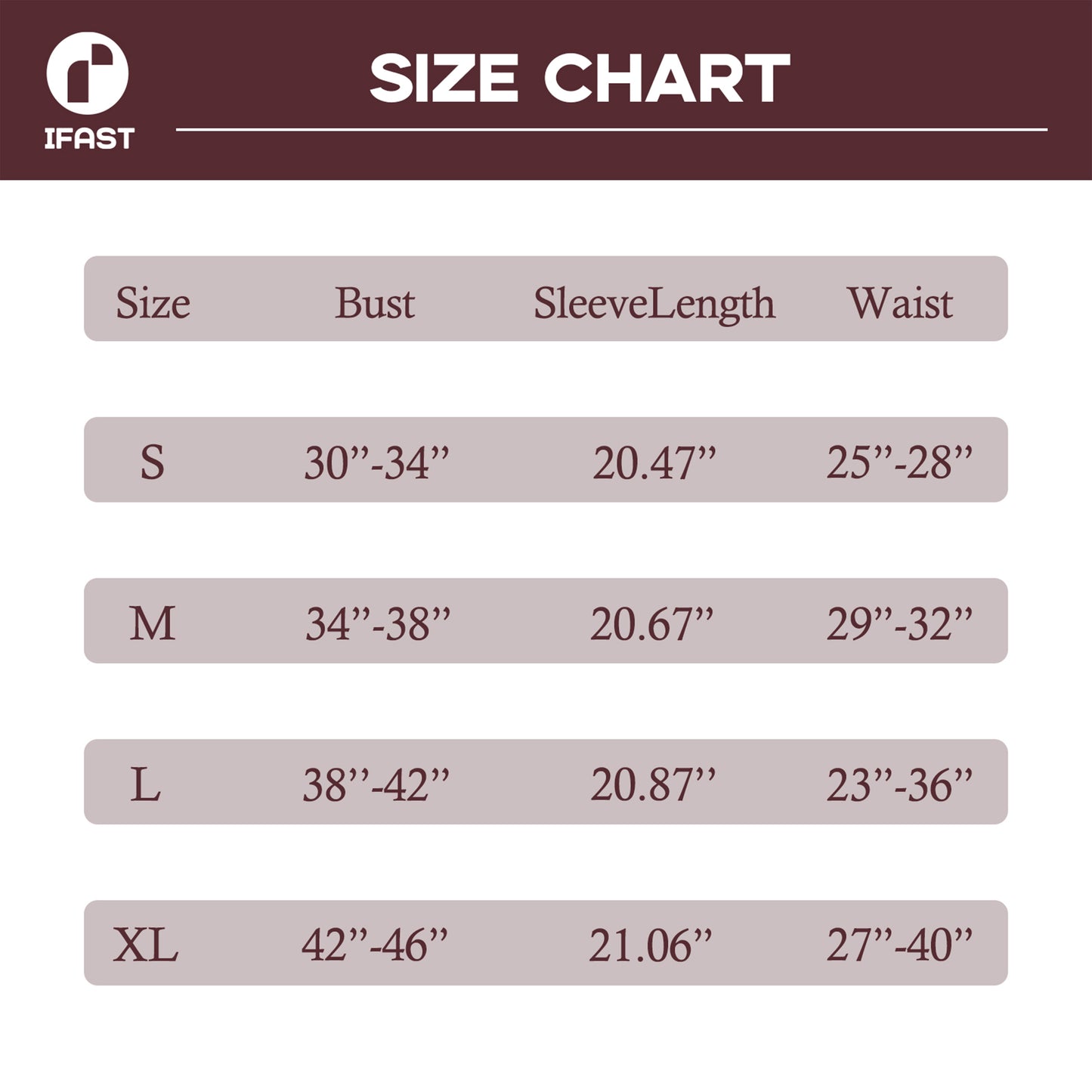 IFAST size chart for women's yoga pants leggings showing bust, sleeve length, and waist measurements from size S to XL.