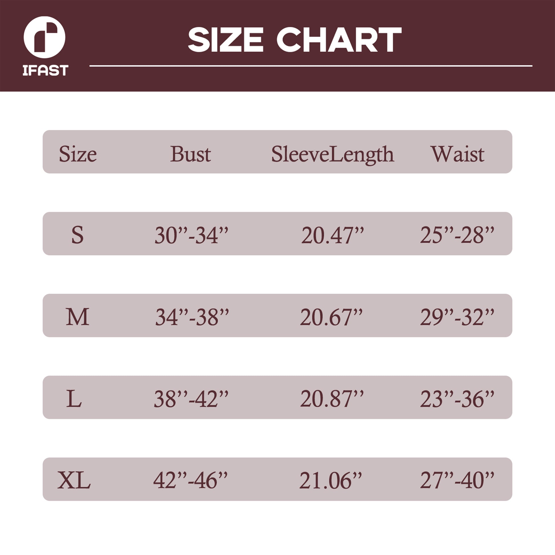 IFAST size chart for women's yoga pants leggings showing bust, sleeve length, and waist measurements from size S to XL.