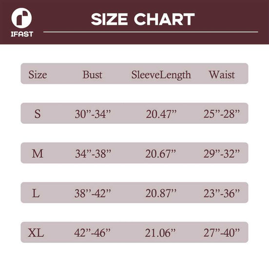 IFAST size chart for women's yoga pants leggings showing bust, sleeve length, and waist measurements from size S to XL.