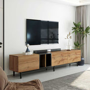 Stylish media console for 80 inch TV with natural wood texture and black legs, placed in a bright modern living room.