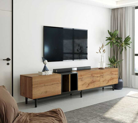 Stylish media console for 80 inch TV with natural wood texture and black legs, placed in a bright modern living room.
