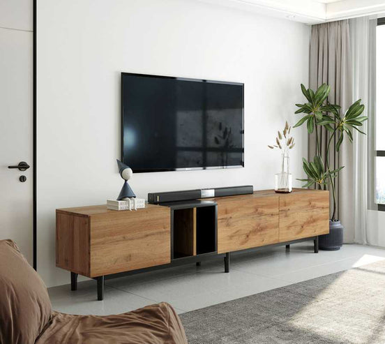 Stylish media console for 80 inch TV with natural wood texture and black legs, placed in a bright modern living room.