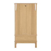 Back view of lighted curio cabinet with wall-mount safety straps and wood paneling for secure and stable placement.