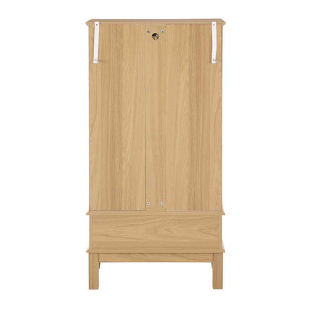 Back view of lighted curio cabinet with wall-mount safety straps and wood paneling for secure and stable placement.