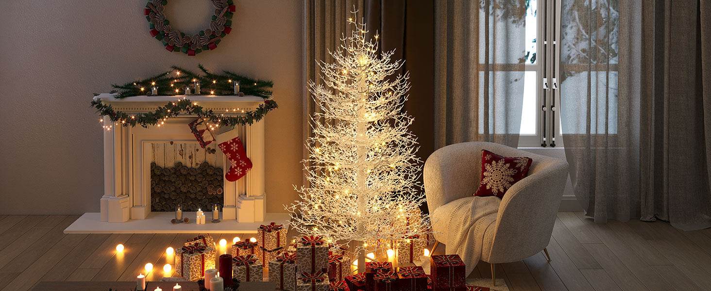 4FT Pre-lit Aspen Fir Artificial Christmas Tree, Hinged Xmas Tree 280 Snow Flocked Branch Tips, 230 Warm White LED Lights, Holiday Coral Christmas Tree for Home Party