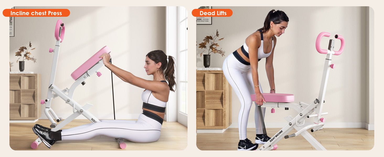 Squat Rowing Machine used for incline chest press and deadlifts, showcasing its multifunctional workout capabilities.