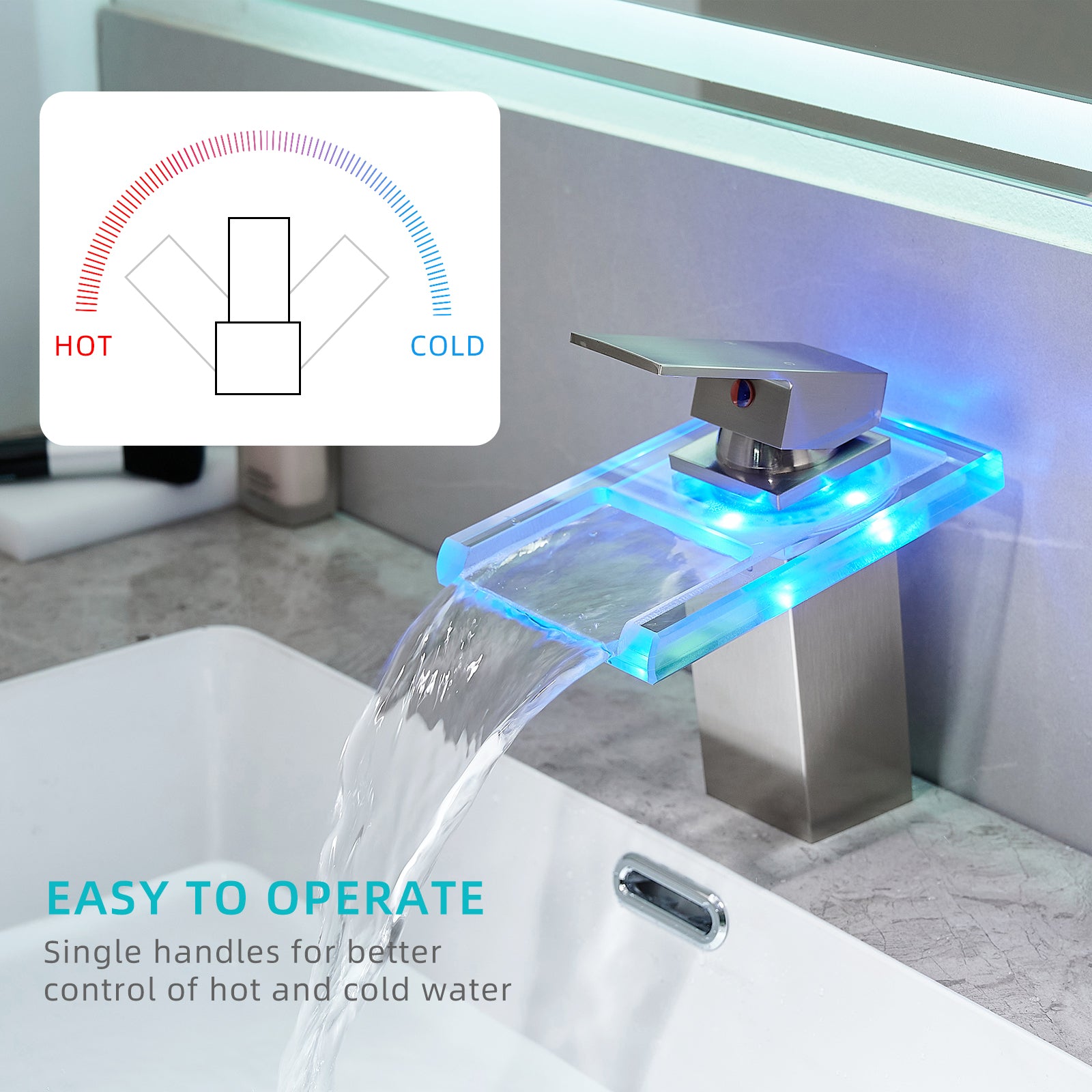 Bathroom Sink Faucet LED Light 3 Colors Changing Waterfall Glass Spout Hot Cold Water Mixer Single Handle One Hole Deck Mounted Bathroom MLNshops]