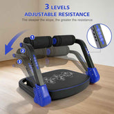 An electronic abdominal exercise machine with three adjustable resistance levels, shown on a light wood floor against a beige wall. The product features a black platform, black foam handles, blue plastic joints, and a blue control panel on the left arm.