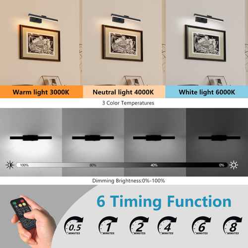 Light fixture with remote control showing color temperature options and timing functions.