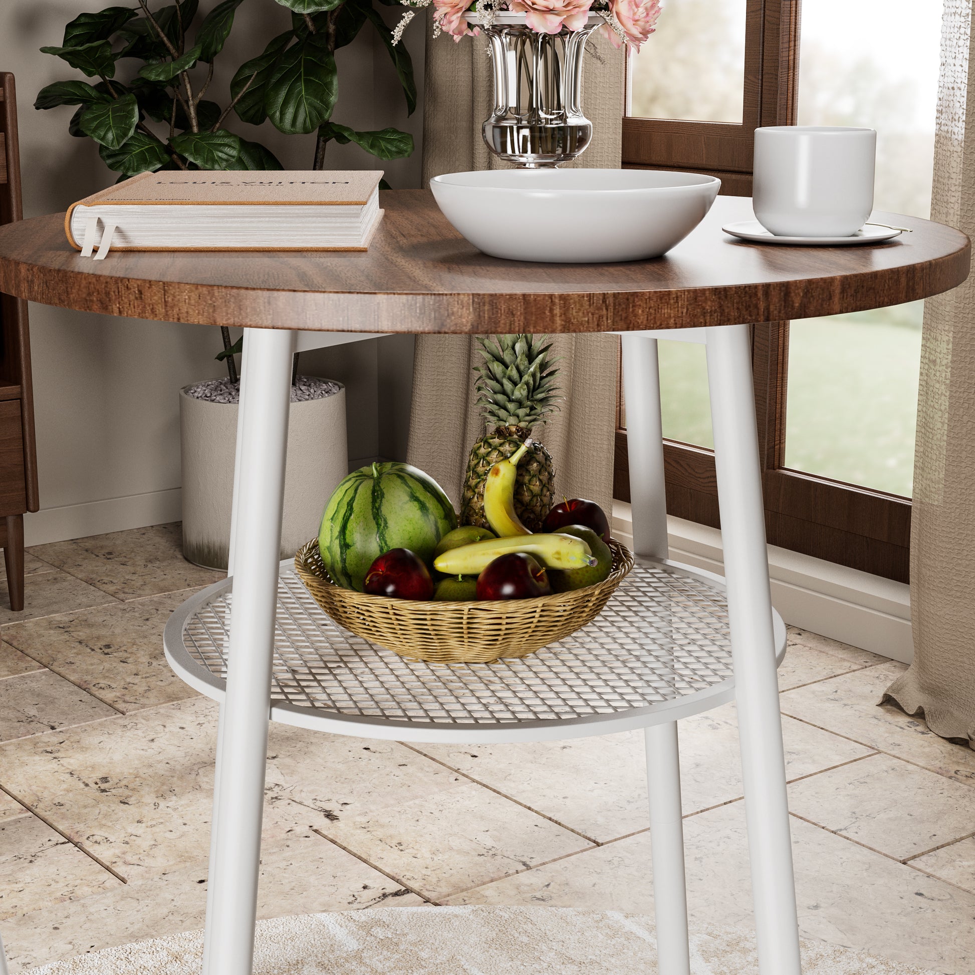 Under-table mesh shelf of 3-piece bar table set used for fruit storage, combining functionality and style in compact dining furniture.
