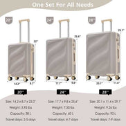 Three-piece durable lightweight luggage set with TSA lock, showing dimensions and travel capacity for 20, 24, and 28-inch ABS suitcases.