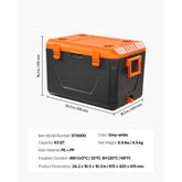 Black and orange cooler box with dimensions and specifications on a white background