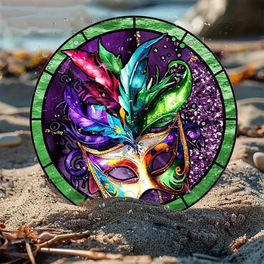 Venetian Mask Wall Art resting on sandy beach, highlighting its waterproof and weather-resistant features for outdoor decor.