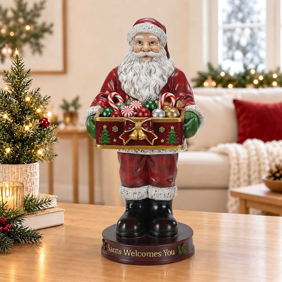 Santa Claus statue with storage tray in a living room