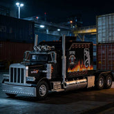 Black truck with flame design in a dark industrial setting