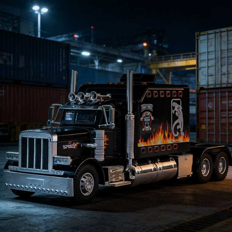 Black truck with flame design in a dark industrial setting