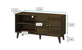 Dimensions diagram of the dark wood TV stand showing length 47.24 inches, height 18.89 inches, and depth 15.16 inches with storage details.