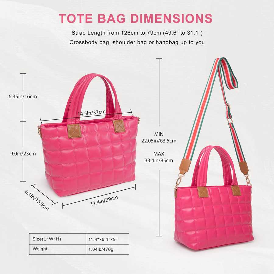 Pink tote bag with dimensions and strap length information on a white background